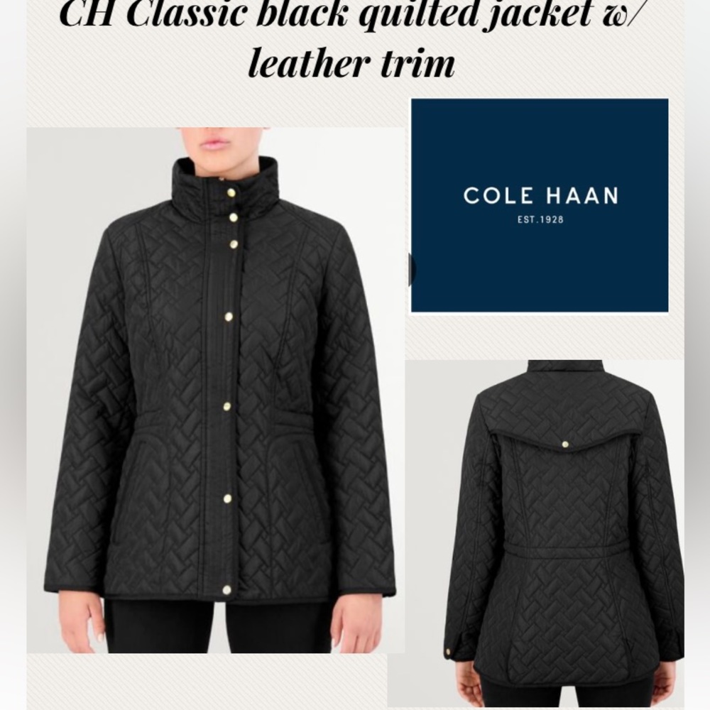 Classic Cole haan black quilted jacket with leather trim/ size small